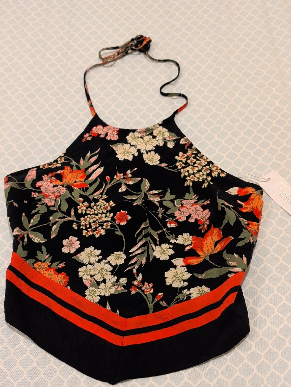 Sienna Sky Black Floral Halter Camisole with Red Accent